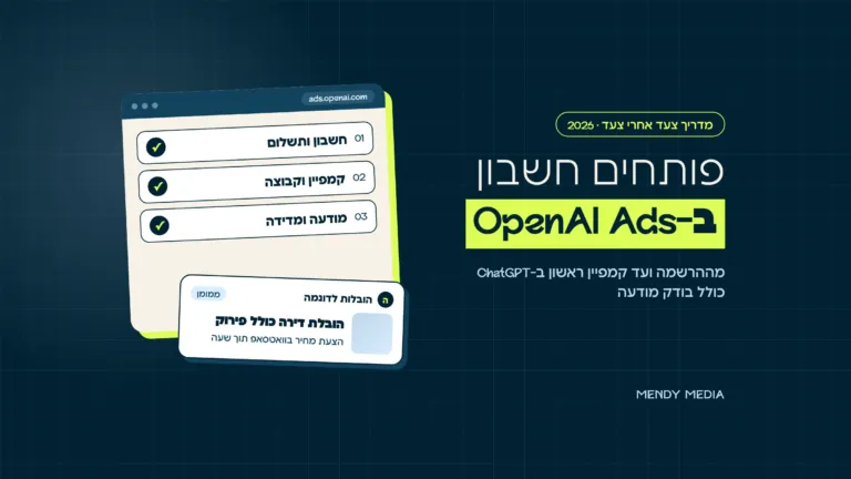 פתיחת חשבון ב-OpenAI Ads: שלושה שלבים מסומנים ב-ChatGPT Ads Manager ותצוגה של מודעה ממומנת