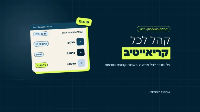 קהלים בפייסבוק: קבוצת מודעות אחת 18-65 עם קהל נפרד לכל קריאייטיב, נשים 25-40, גיל 50-65 וכל הקהל